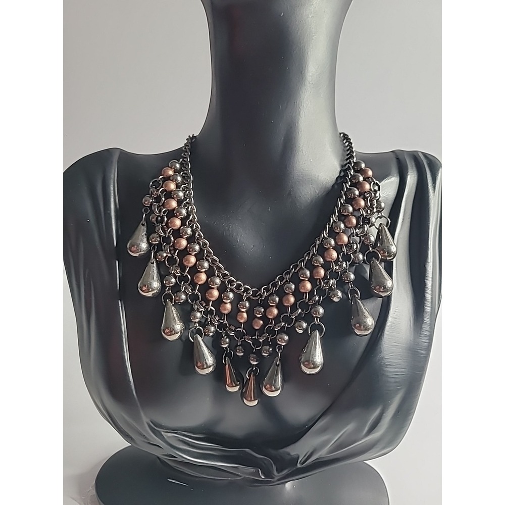 Boho Tribal Fringe Bib Necklace Gunmetal Chain Teardrop Dangle Statement